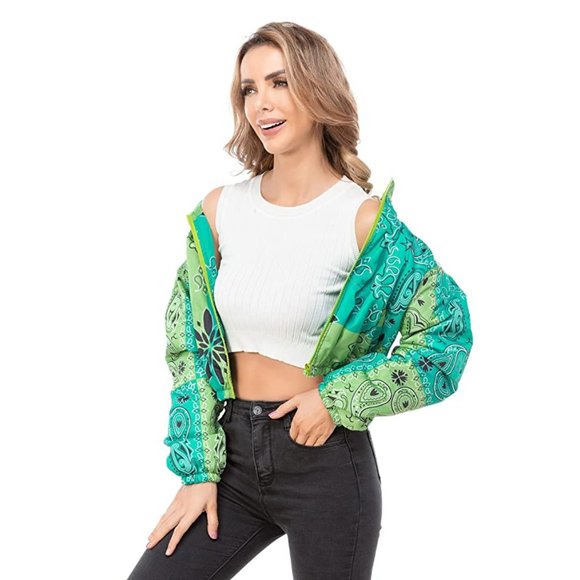 Hujoin Jackets & Coats Nwt Cropped Green Bandana Jacket Puffer